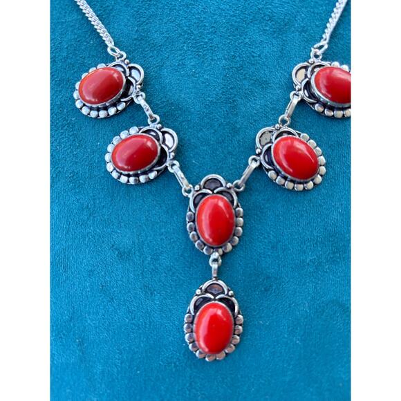 925 Sterling Red Coral Necklace & Earring Set 20" - Picture 2 of 6